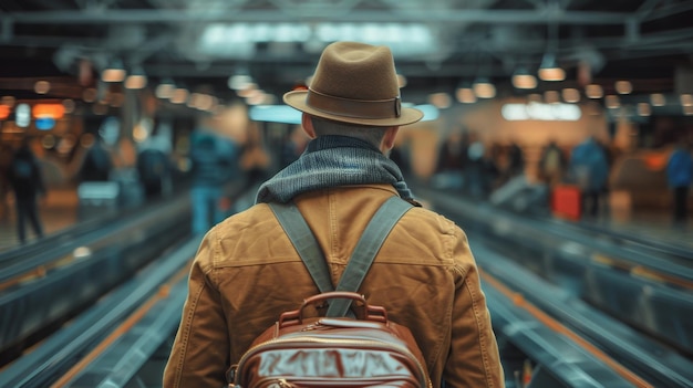 Reiziger in transit die op het station wacht