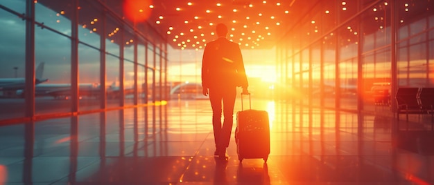 Reiziger op de terminal van de luchthaven bij zonsondergang