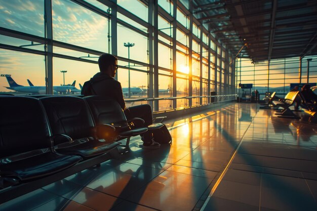 Reiziger wacht op de vlucht op de luchthaven in de vertrekterminal met zonneschijn