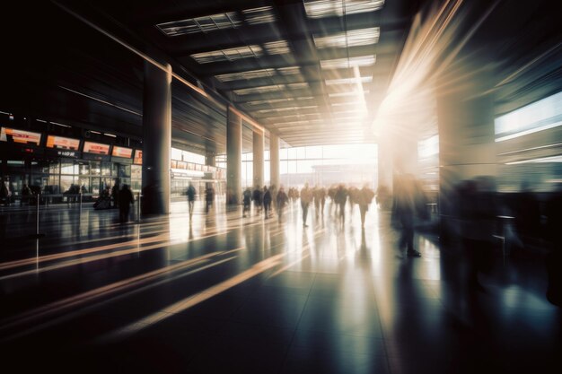 Reizigers die in het ochtendlicht op de luchthaven of in de treinstation bewegen