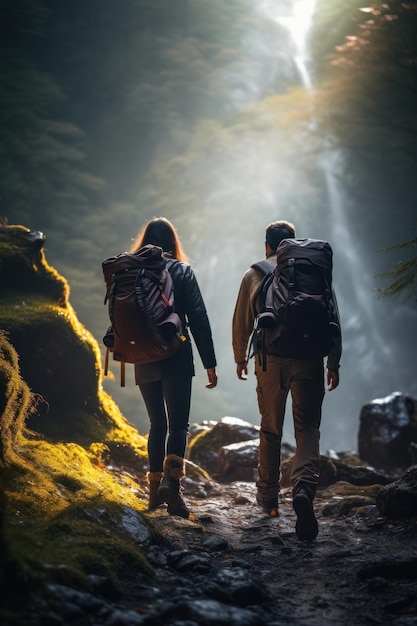 reizigers die wandelen in natuurlijke landschappen en duurzame buitenactiviteiten aanmoedigen AI generatief