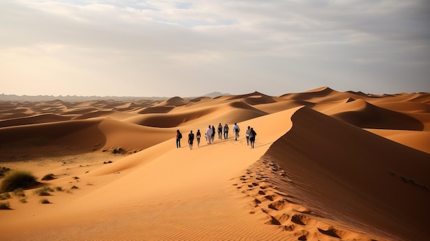 Reizigers in de woestijn tegen de achtergrond van duintenten en gegenereerde zonsondergang AI
