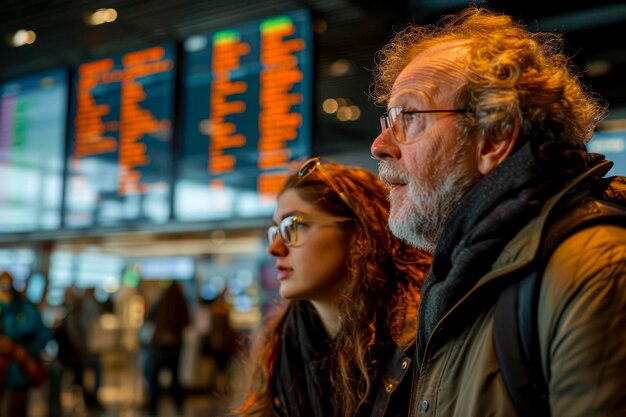 Foto reizigers kijken naar het vertrekbord voor vluchtupdates verken vluchtopties op de luchthaven met passagiers