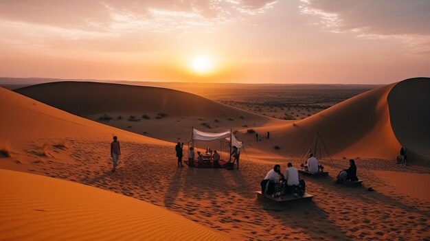 Reizigerskamptent in de woestijn tegen de achtergrond van duinen op zonsondergang zon AI gegenereerd