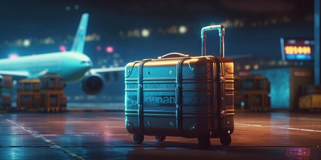 Reizigerskoffer met vliegtuigachtergrond Zomervakantieconcept Generatieve AI