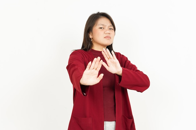 Rejection Gesture Of Beautiful Asian Woman Wearing Red Shirt Isolated On White Background