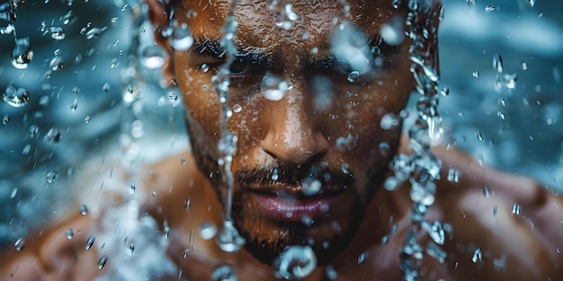 Rejuvenation After a Workout A Man Cleanses Under a Refreshing Stream of Water Concept PostWorkout Refresh Man in Stream Rejuvenation Scene Fitness Cleanse Relaxing Water Flow