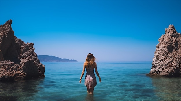 Rejuvenation by the water woman on a sea rock a relaxing summer background