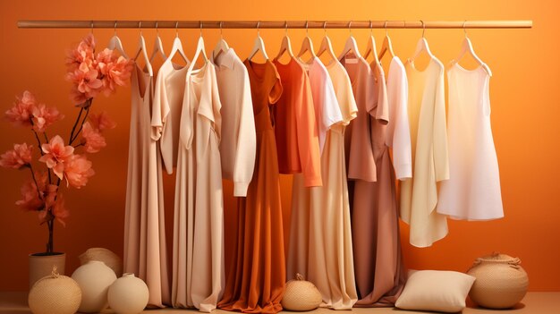 Rek met moderne kleding en accessoires in de buurt van color wallgenerative ai