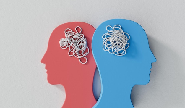 Relatieproblemen twee hoofden met complexe verwarde hersenen 3D-rendering