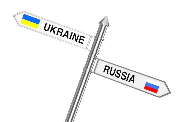 Relations Between Russia and Ukraine as Signpost on a white background. 3d Rendering