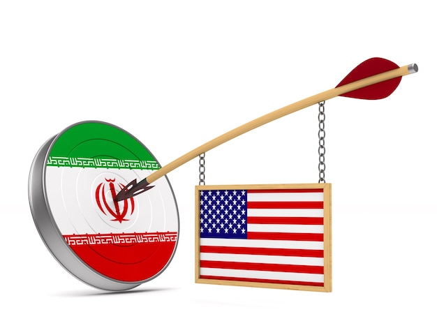 Relationship between America and Iran on white space. Isolated 3D illustration