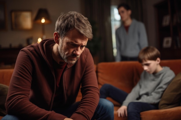 Relationship between father and child Difficult conversation with teenager Serious dad and sad son sitting on sofa and talking Family problems