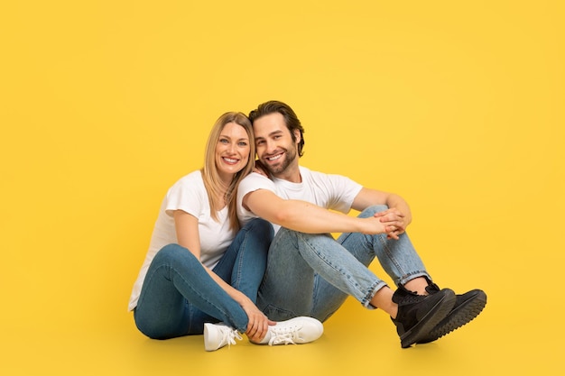 Relationship of people and ad cheerful millennial caucasian woman and man in white tshirts are