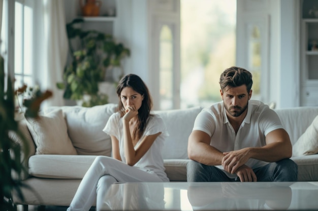 Relationship woes depressed man and woman on a sofa illustrating a couple39s conflict communication breakdown and emotional distress