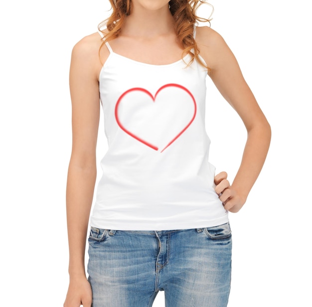 relationships concept - woman in white tank top with heart on it