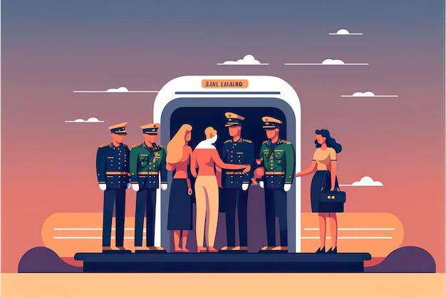 Relatives say goodbye to soldiers flat illustration A relative escorts a soldier