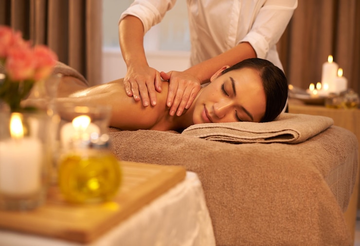 Photo relax back massage and female person at salon treatment and wellness for holistic care calm peace and muscle tension relief with reflexology from therapist beauty spa and masseur for body health