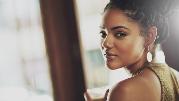 Relax coffee and portrait of black woman in cafe for thinking lunch break and caffeine beverage Latte restaurant and weekend with face of girl customer drinking in coffee shop for rest lifestyle