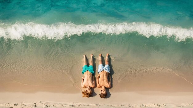 Relax couple lay down on beach chiar with sea wave man and woman have vacation at sea nature conc