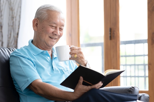 Relax elderly man sitting on sofa and reading interesting book in living room. Retirement lifestyle concept.