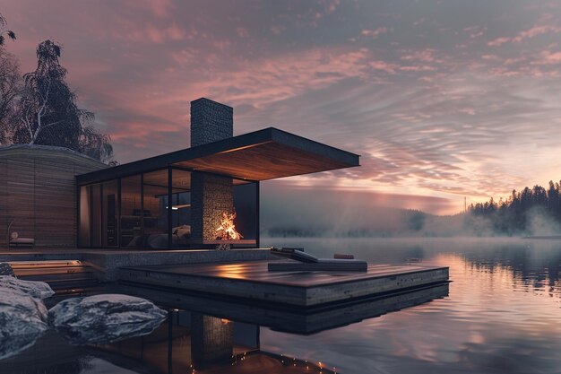 Photo relax in the embrace of a lakeside cabin its ling generative ai