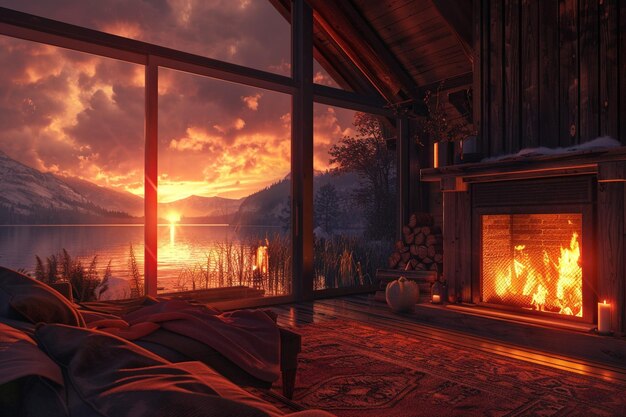 Photo relax in the embrace of a lakeside cabin its ling generative ai