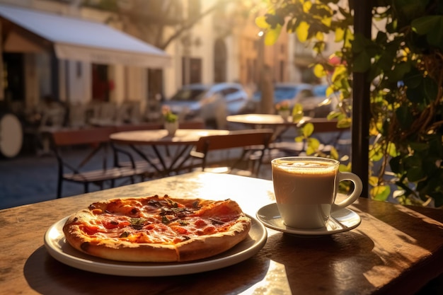 Photo relax in an italian cafe with cup of coffee and pizza beautiful morning rays of light illuminate