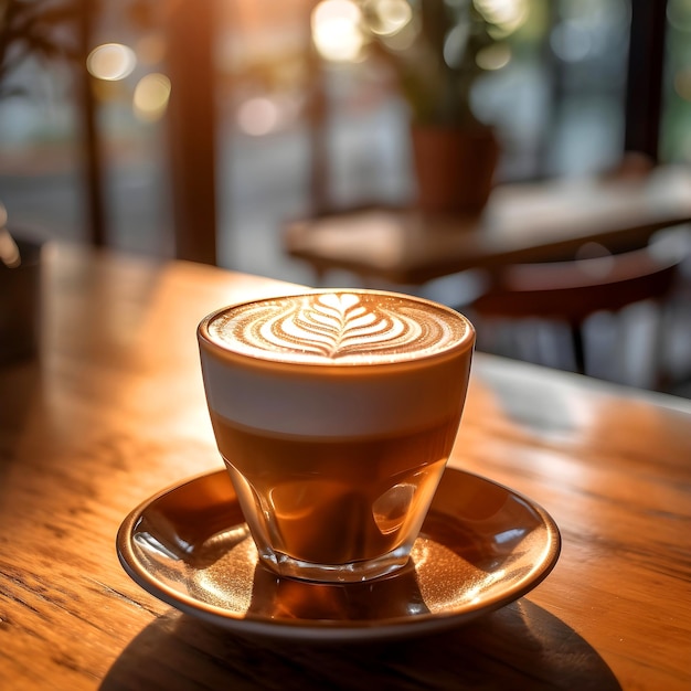 relax morning hot coffee on a table inside a shop coffee bean under the cup lifestyle and sunshine