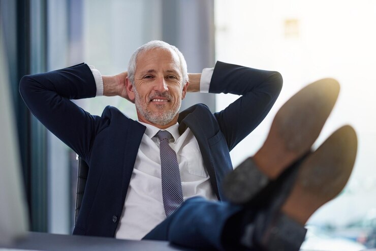 Photo relax office and portrait for businessman desk and computer for ceo in workplace feet vision and ideas for calm male person or senior manager corporate and finance advisor for investment broker