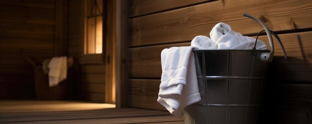 Relax sauna accessoires bij het nemen van een sauna een emmer handdoeken Generatieve ai