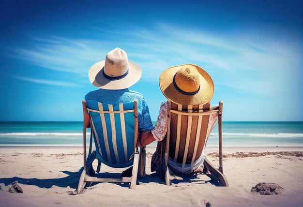 푸른 하늘이 있는 해변에서 노부부 휴식을 취하십시오 Retirment illustration Ai generative