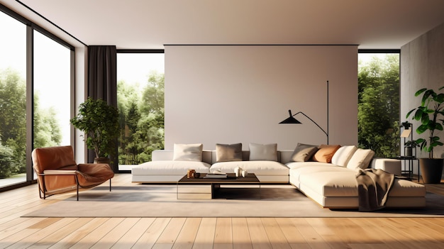 Расслабьтесь в стильной гостиной Arafed с просторным диваном и шикарным журнальным столиком GenerativeAI