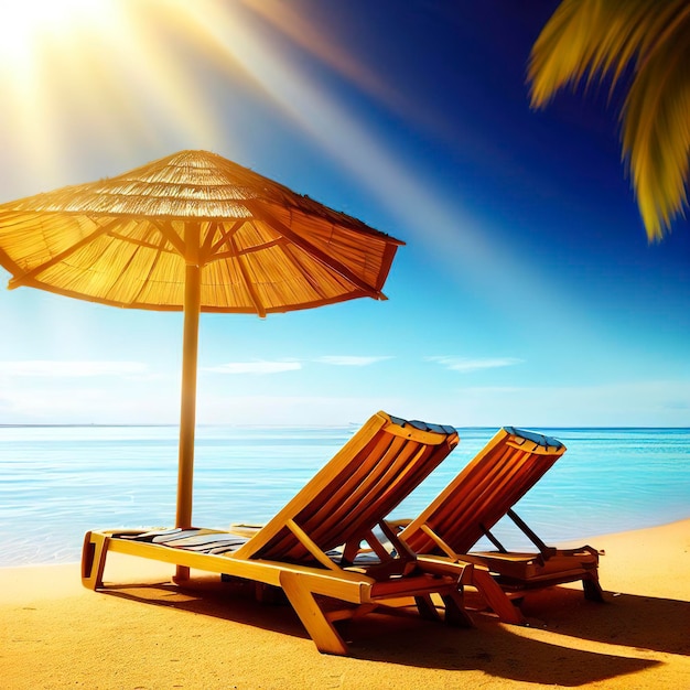 Relax on tropical beach in the sun on deck chairs under umbrella