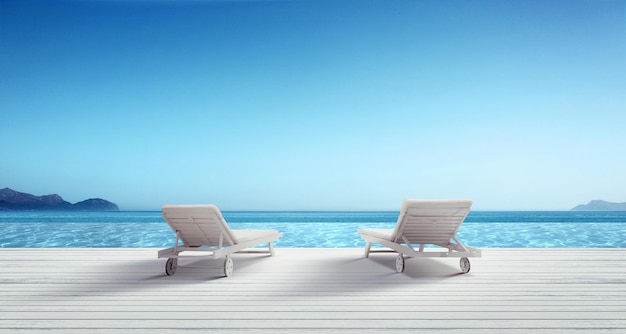 Relax on tropical beach in the sun on deck chairs