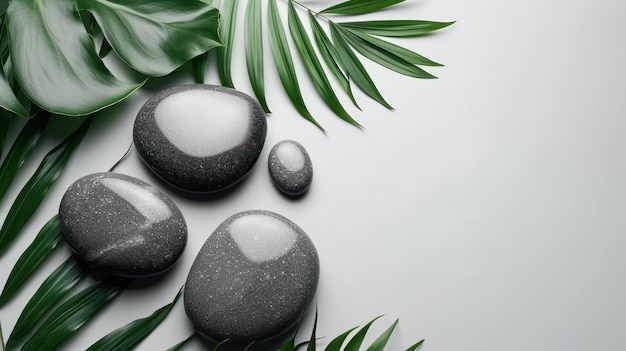 Relax with stones on white background with tropical leaf