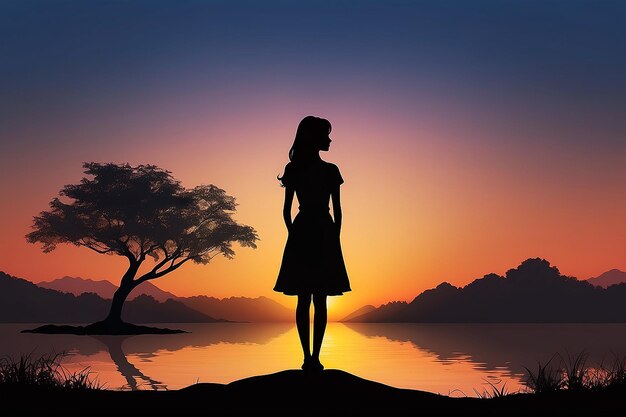 Relax woman and sunset silhouette