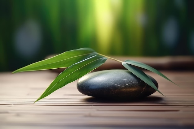 Relax zen stone on wooden terrace with bamboo leaves AI generated illustration