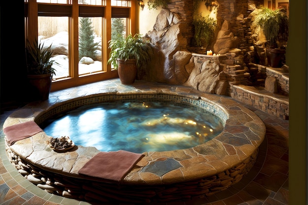 Фото Расслабление и комфорт в большой каменной крытой гидромассажной ванне
