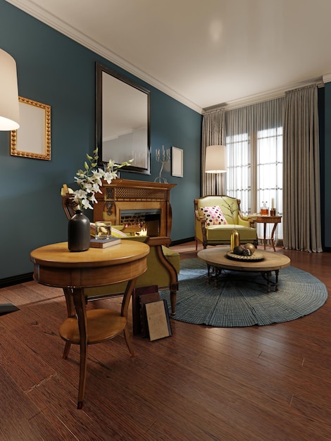 Relaxation area of the classicstyle living room with wooden armchairs with light green leather