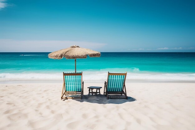 Relaxation enhanced beach chairs with umbrella on beautiful sand generative ai