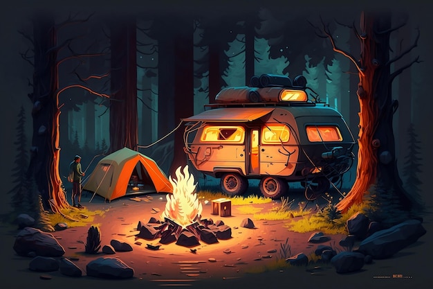 숲에서 휴식을 취하고 밤에는 캠프 불과 텐트
