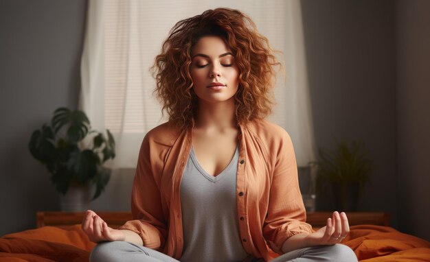 Relaxation methods a lady carrying out pranayama while sitting in lotus position on the bed