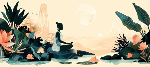 Photo relaxation retreat banner design featuring calming nature yoga and spa imagery with event branding space