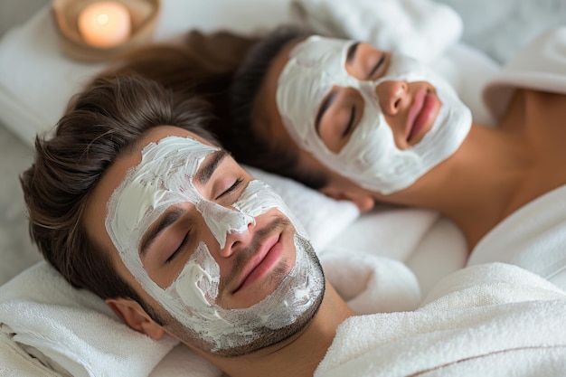 Relaxation together couple with beauty masks in a spa setting