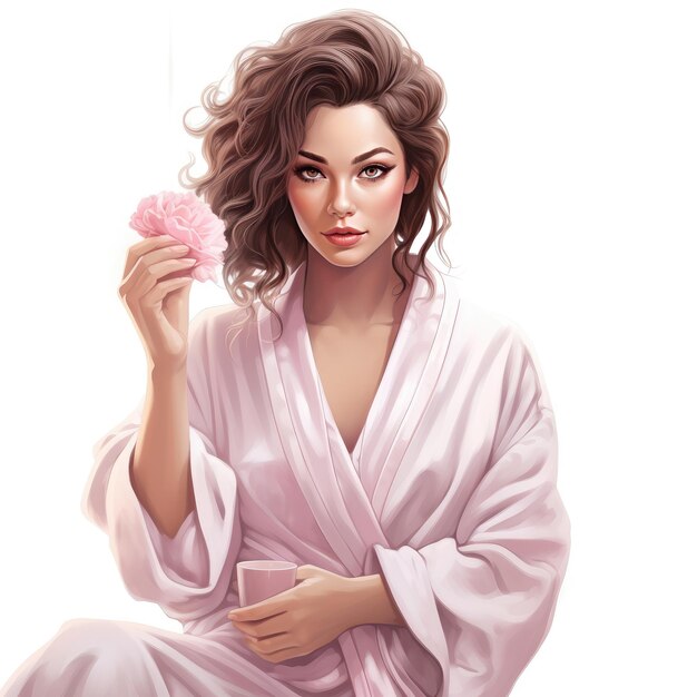 Relaxation Unveiled A Cozy Bathrobe Experience Realistic Clipart Illustration of a Serene Young W