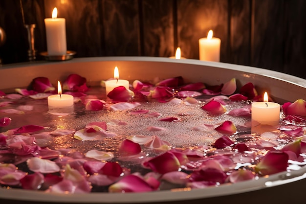 relaxation whirlpool with rose petals and candles ramantic photo copy space