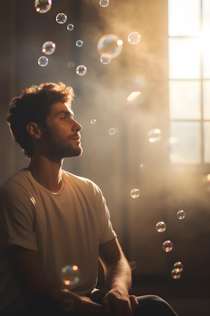 Relaxed adult man breathing fresh air with bubbles representation of chillness