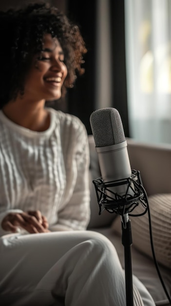 Relaxed African American podcaster in white attire smiling at microphone in soft light setting