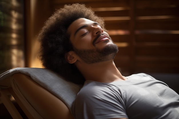 Расслабленный афро-мужчина с дредлами, лежащий дома.